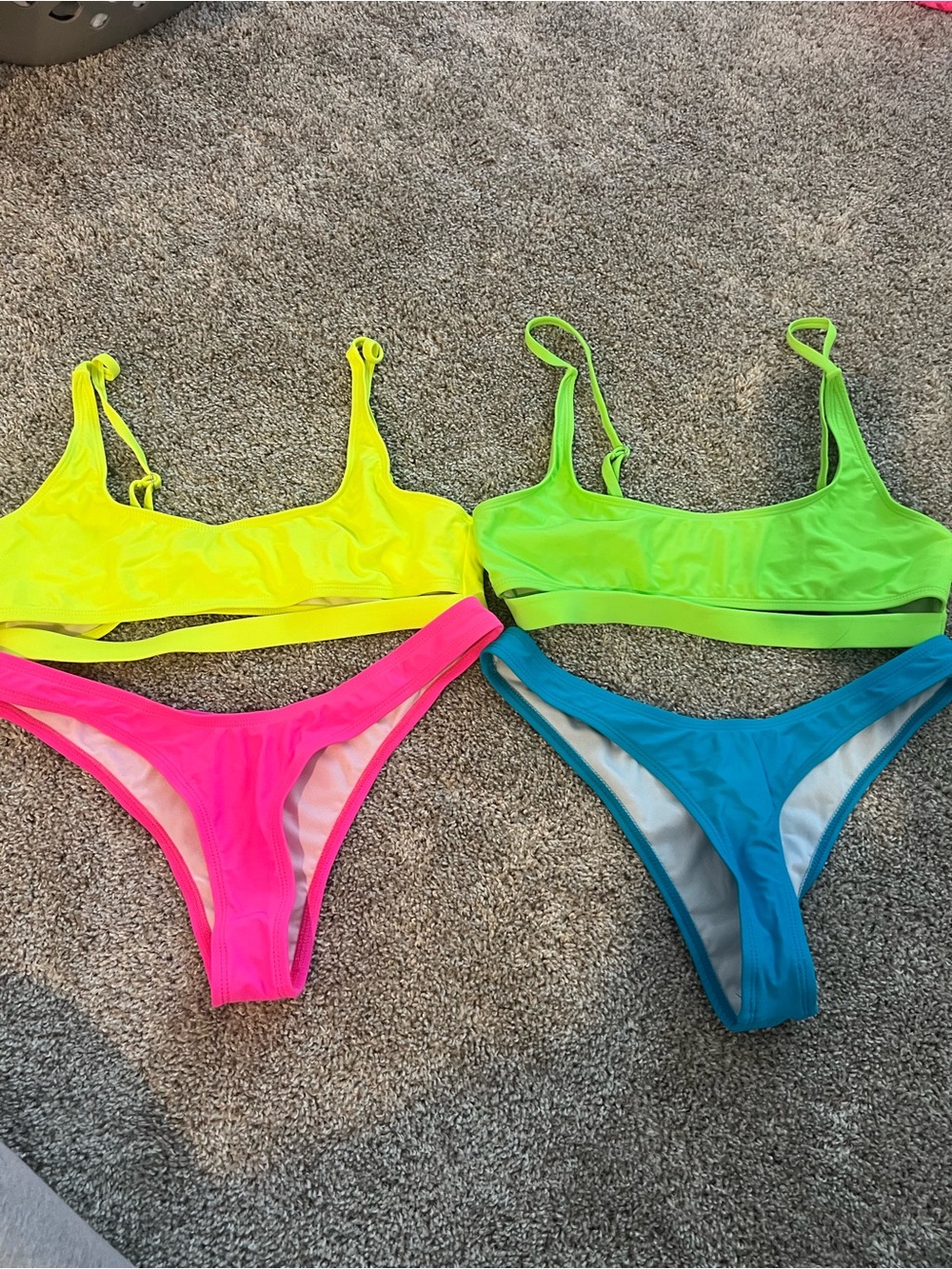 Fashion Nova Neon Colorblock Bikini Tops & Bottoms - Yellow, Green, Pink, Blue